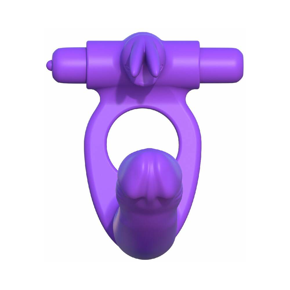 Pipedream Fantasy C-Ringz Silicone Double Penetrator Rabbit Vibrating Dual Entry Cockring With Ears Purple