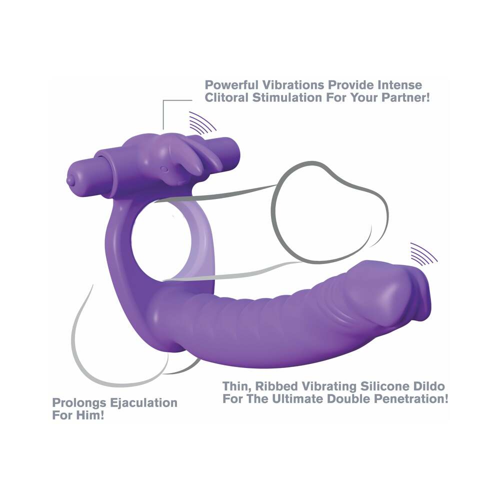 Pipedream Fantasy C-Ringz Silicone Double Penetrator Rabbit Vibrating Dual Entry Cockring With Ears Purple