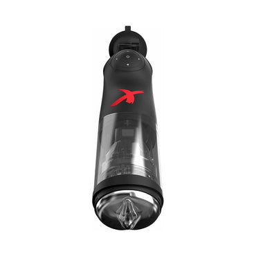 PDX Elite Deluxe Mega-Bator Rechargeable Rotating Thrusting Masturbator With Hands-Free Suction Cup Base & Interchangeable Toppers Clear/Black