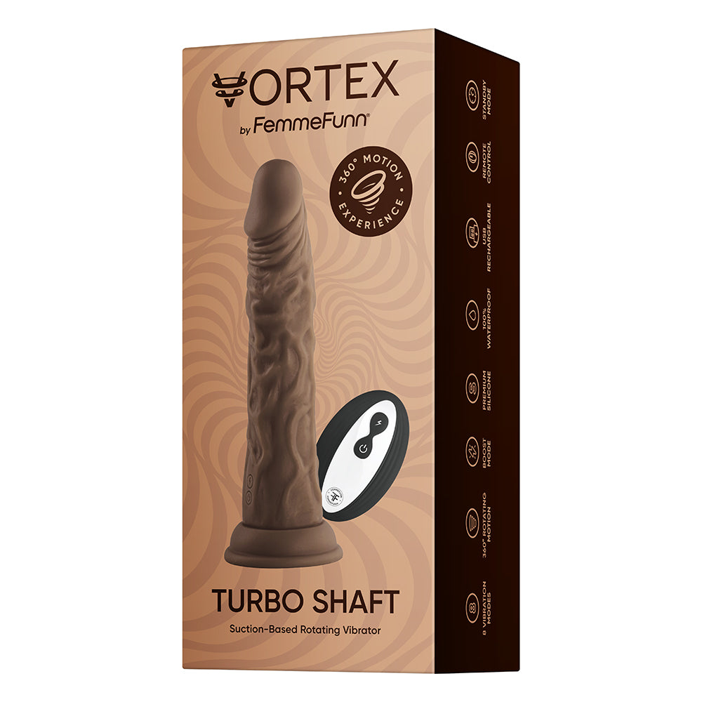 FemmeFunn Vortex Turbo Shaft 2.0 Rechargeable Remote-Controlled 8 in. Silicone Vibrating Rotating Dildo with Suction Cup Brown