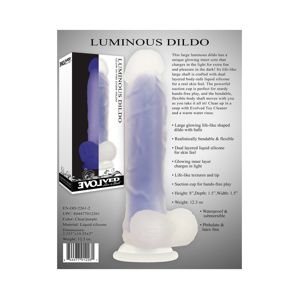 Evolved Luminous Poseable Glow in the Dark 8 in. Dual Density Silicone Dildo With Balls Clear/Purple