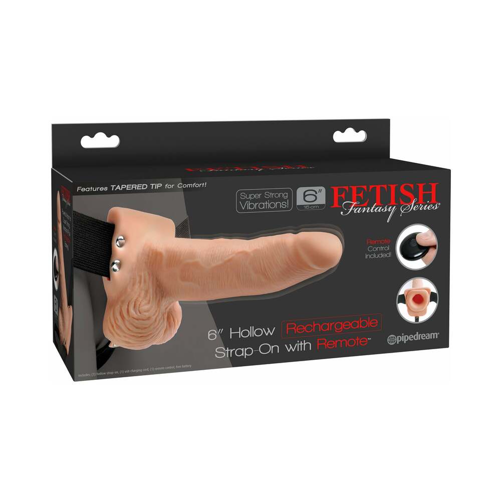 Pipedream Fetish Fantasy Series Rechargeable Remote-Controlled Vibrating 6 in. Hollow Strap-On With Balls Beige/Black