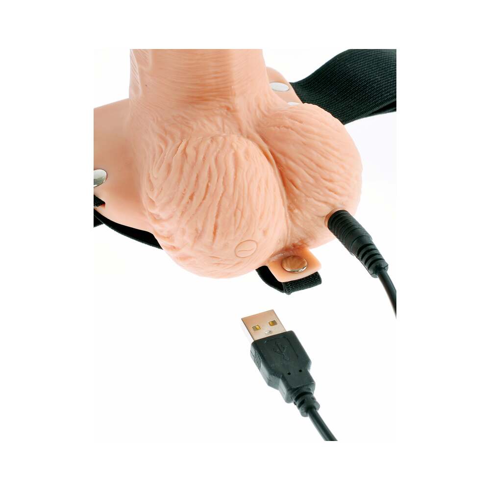Pipedream Fetish Fantasy Series Rechargeable Remote-Controlled Vibrating 6 in. Hollow Strap-On With Balls Beige/Black
