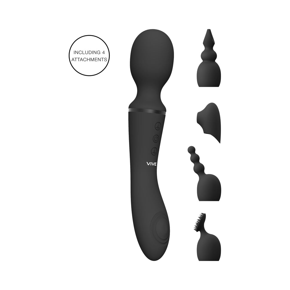 VIVE NAMI Rechargeable Dual-Ended Pulse Wave & Vibrating Silicone Wand With Interchangeable Sleeves Black