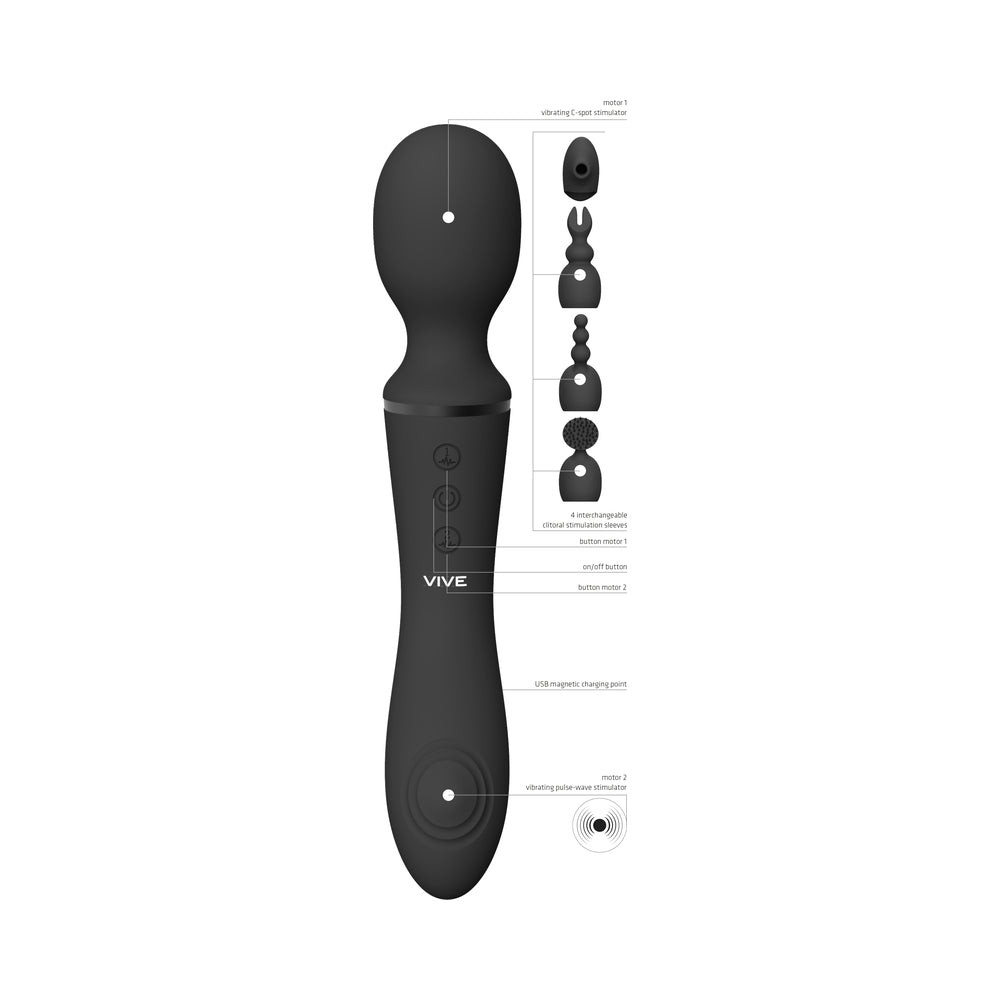 VIVE NAMI Rechargeable Dual-Ended Pulse Wave & Vibrating Silicone Wand With Interchangeable Sleeves Black