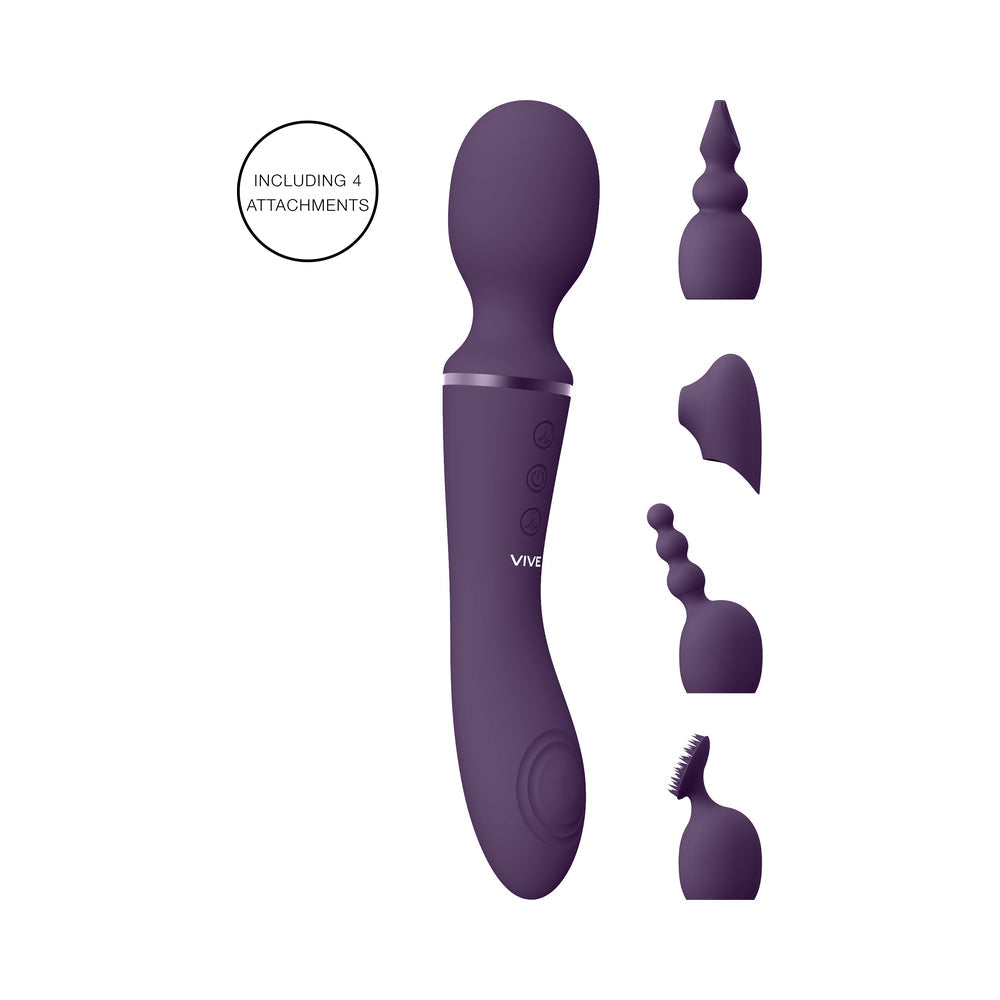 VIVE NAMI Rechargeable Dual-Ended Pulse Wave & Vibrating Silicone Wand With Interchangeable Sleeves Purple