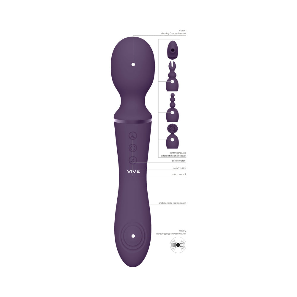 VIVE NAMI Rechargeable Dual-Ended Pulse Wave & Vibrating Silicone Wand With Interchangeable Sleeves Purple