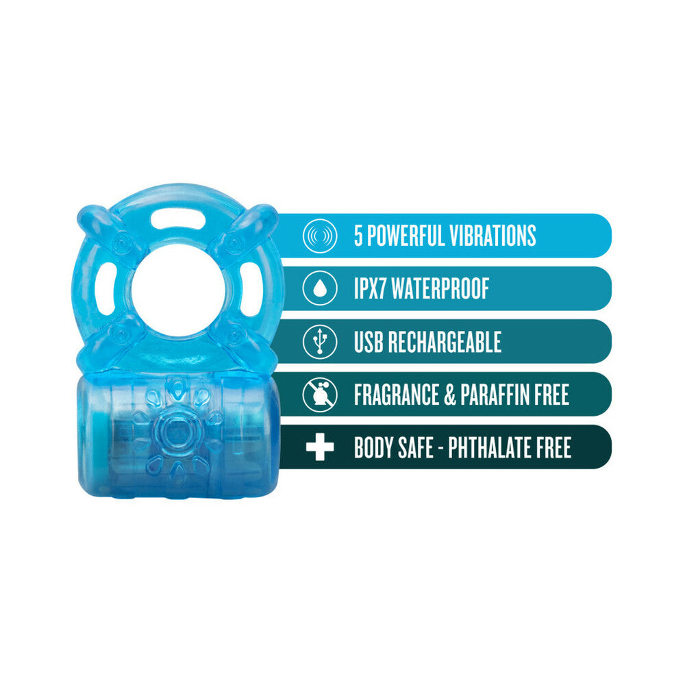 Blush Stay Hard Rechargeable 5 Function Vibrating Cockring Blue