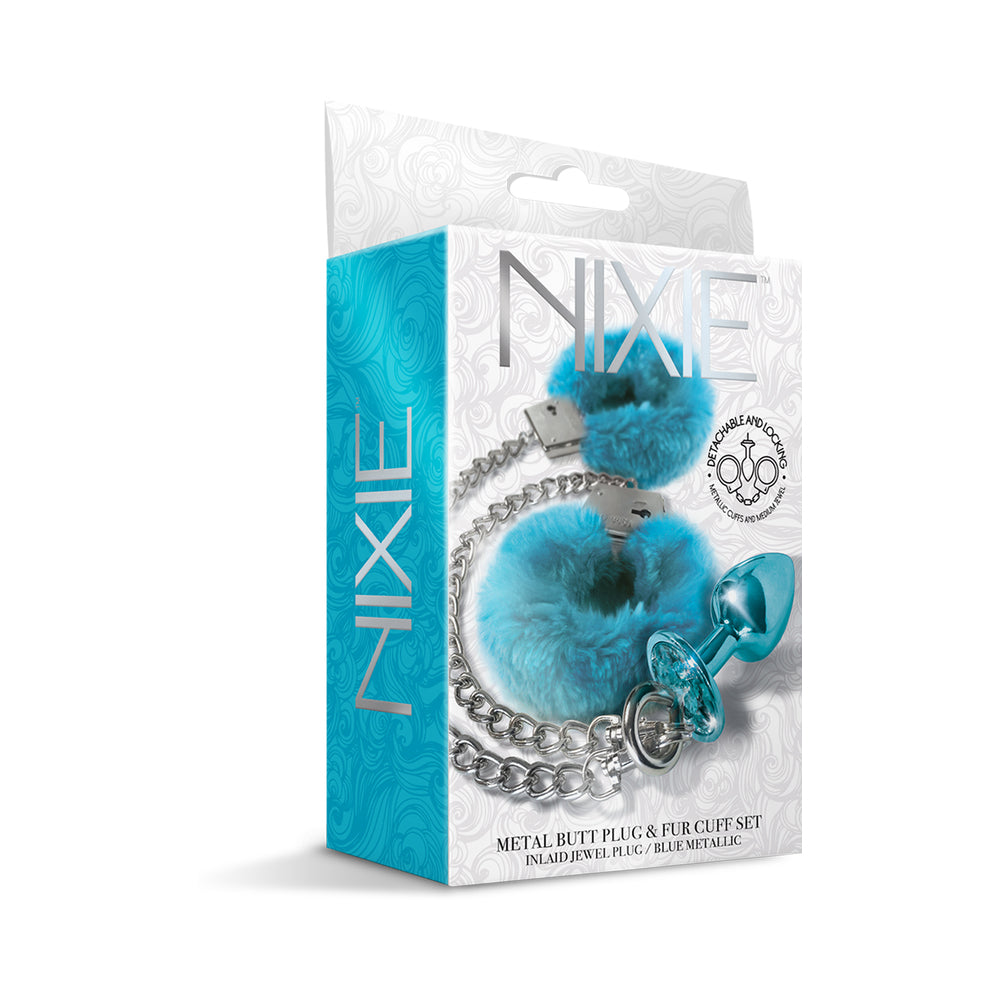 Nixie Metal Butt Plug & Furry Handcuff Set Medium†Blue Metallic