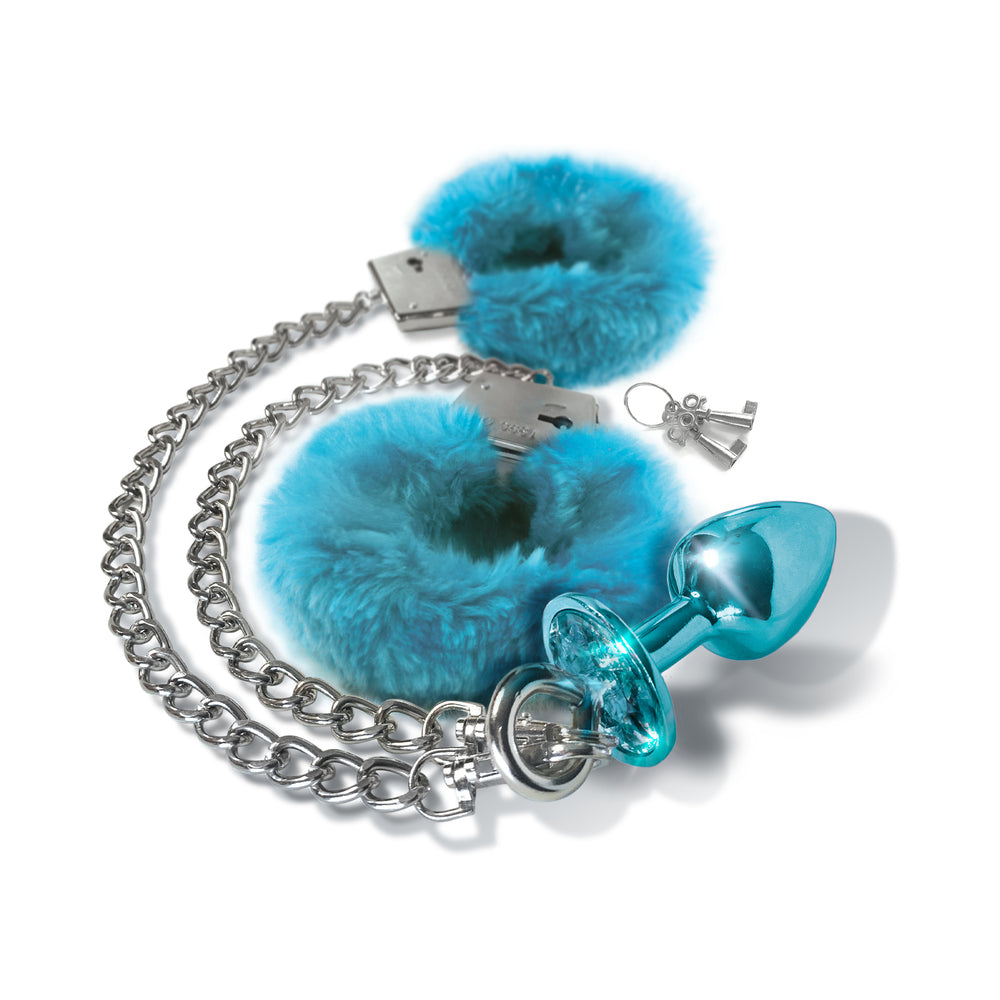 Nixie Metal Butt Plug & Furry Handcuff Set Medium†Blue Metallic