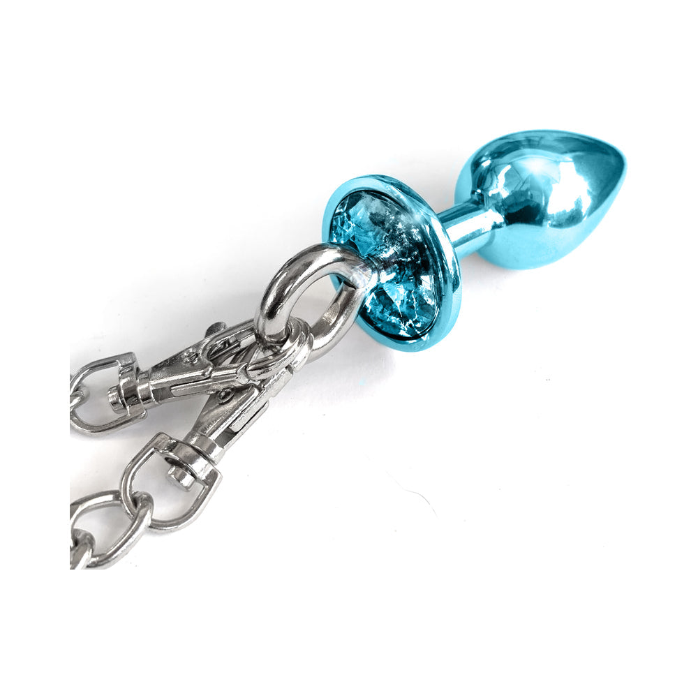 Nixie Metal Butt Plug & Furry Handcuff Set Medium†Blue Metallic