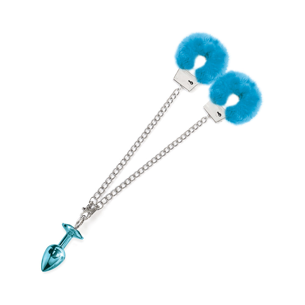 Nixie Metal Butt Plug & Furry Handcuff Set Medium†Blue Metallic
