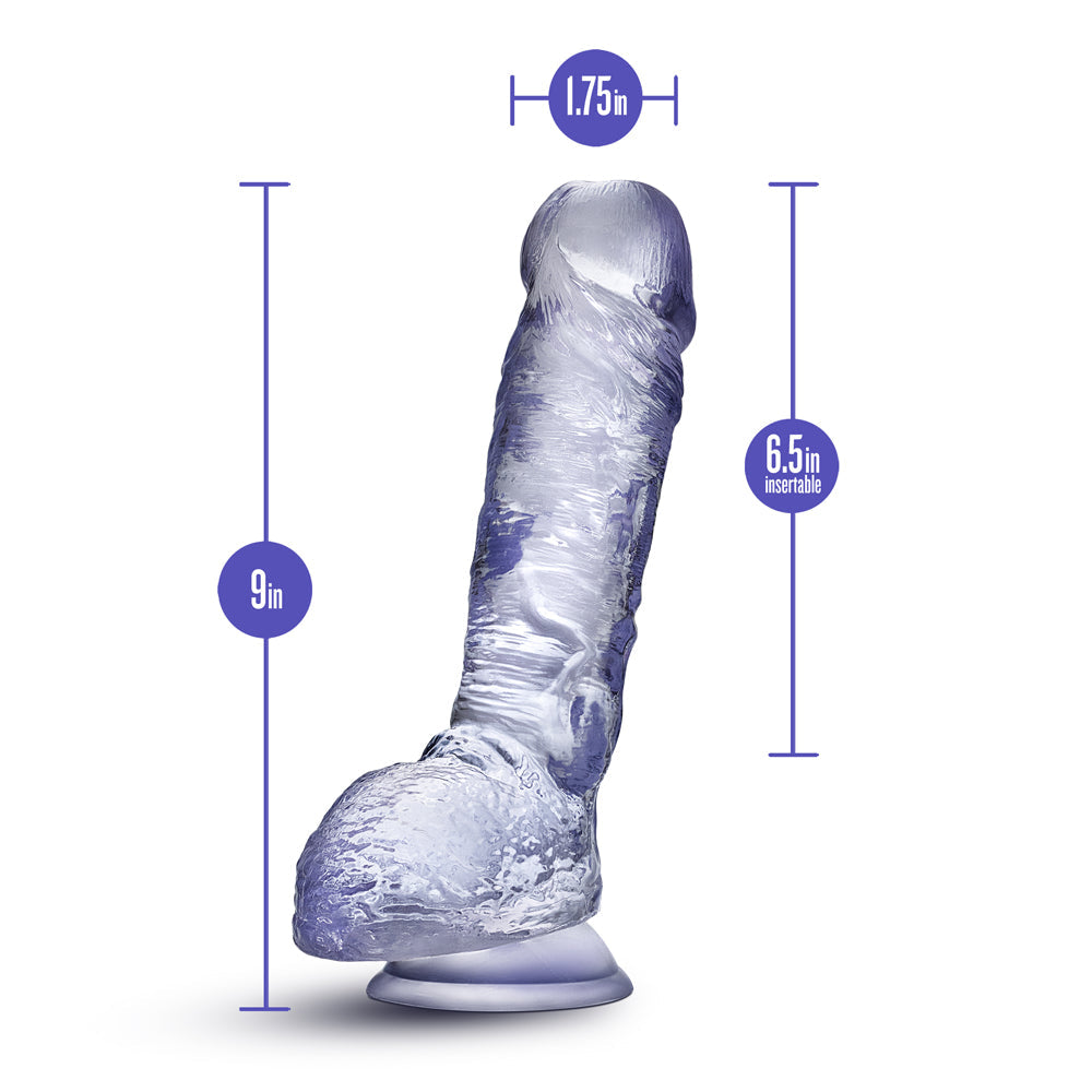 B Yours Plus Hearty n' Hefty 9 in. Dildo with Balls & Suction Cup Clear