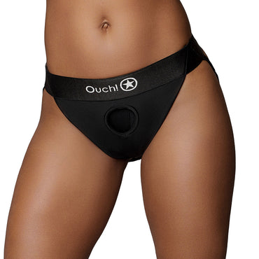 Shots Ouch! Vibrating Strap-on Panty Harness with Open Back Black M/L