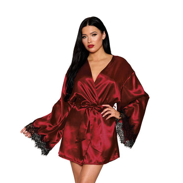 Dreamgirl Open Back Satin Robe with Lace Detail Oxblood L