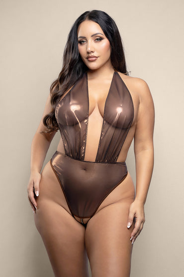 FL Opulence Crotchless Halter Teddy Pearl Grape