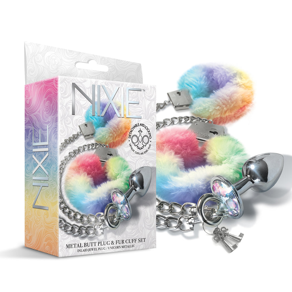 NIXIE Metal Plug & Rainbow Faux Fur Cuff Set - Medium Anal Toy