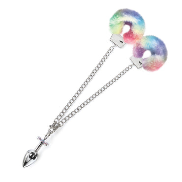 NIXIE Metal Plug & Rainbow Faux Fur Cuff Set - Medium Anal Toy