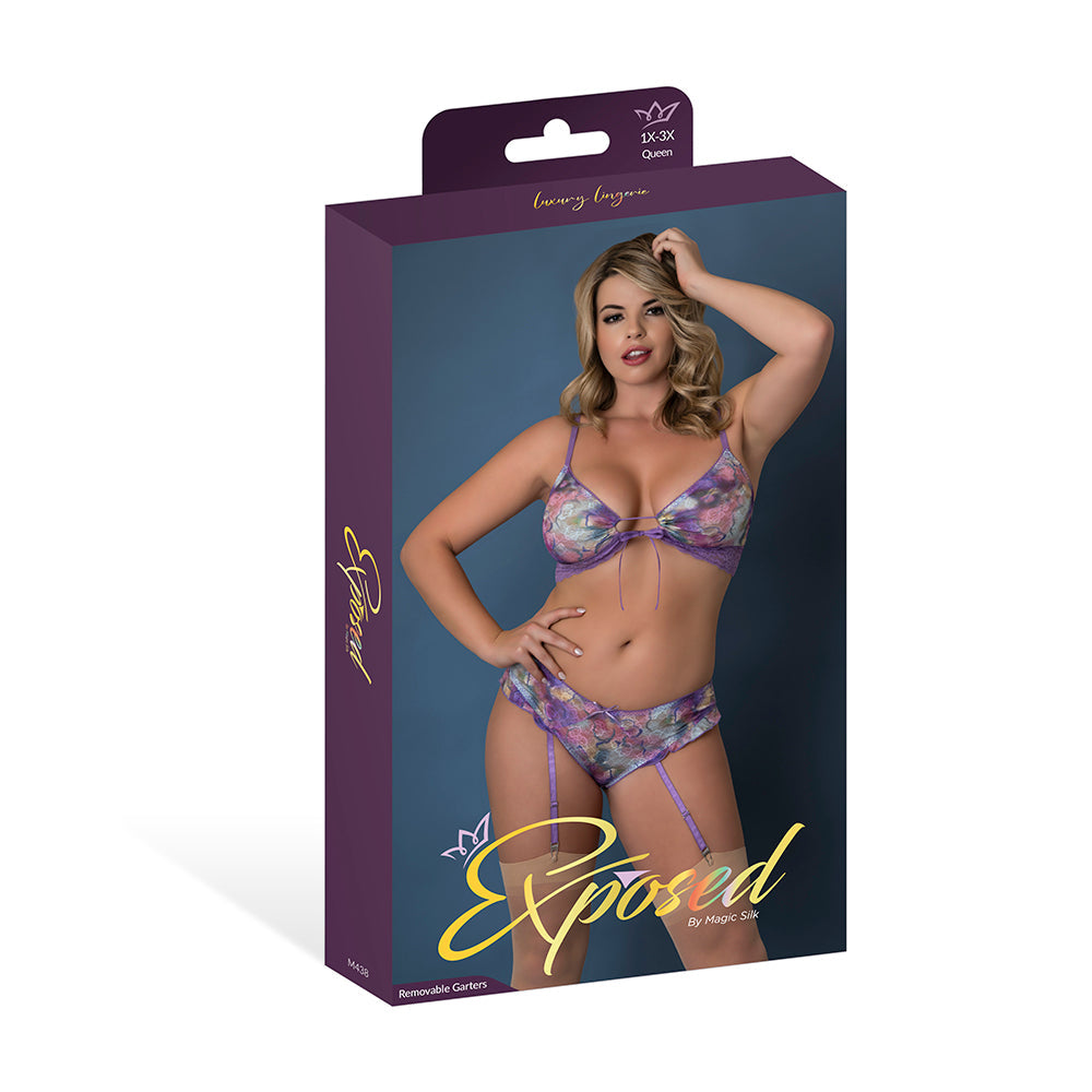 Magic Silk Wisteria Mist Bralette & Panty Set with Removable Garters Floral Queen Size