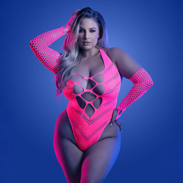 Fantasy Lingerie Glow Flashback UV Rhinestone Fishnet Teddy & Matching Gloves Queen Size