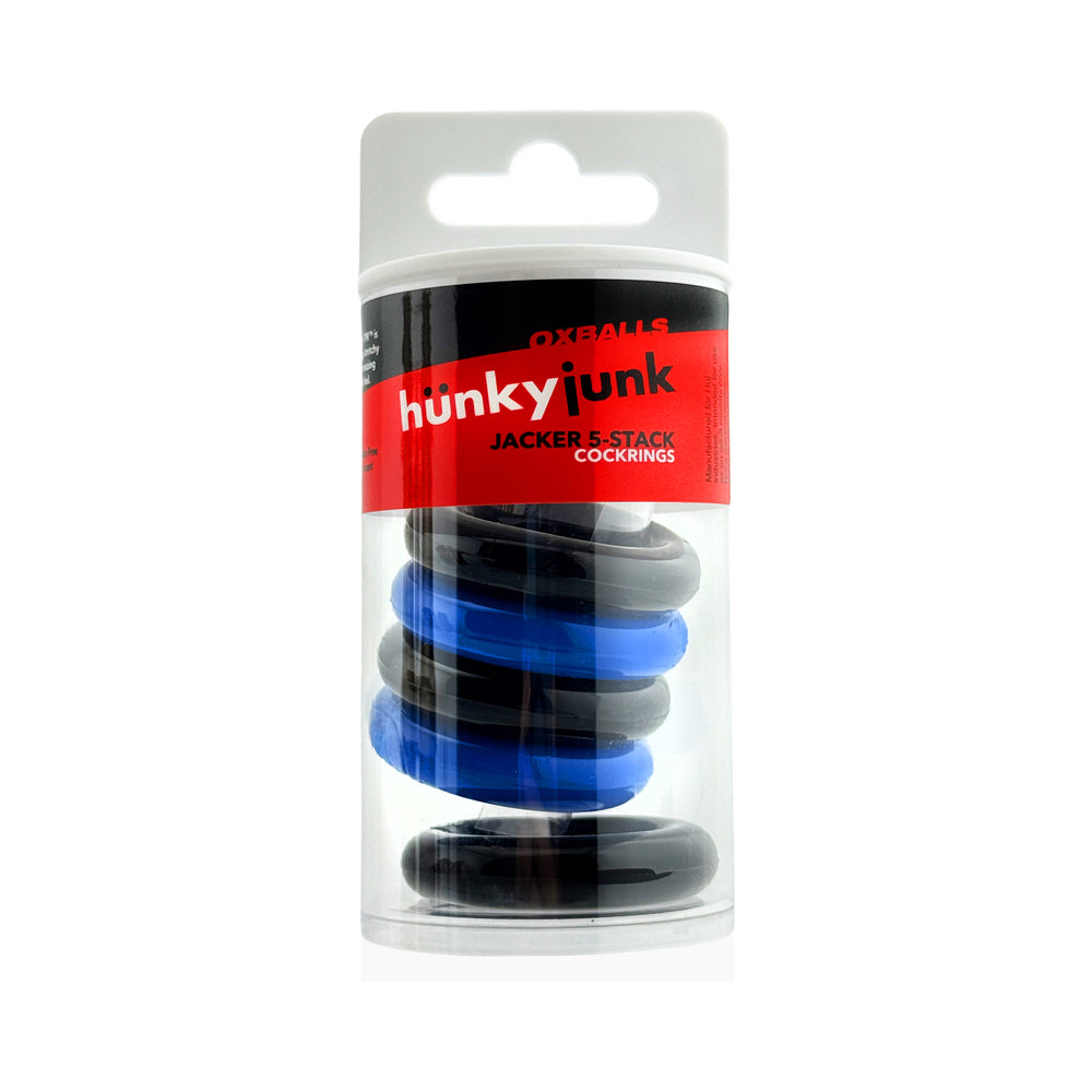 Hunkyjunk Jacker 5-Stack Five-Pack Tube Super-Strong Cockrings Blue/Black
