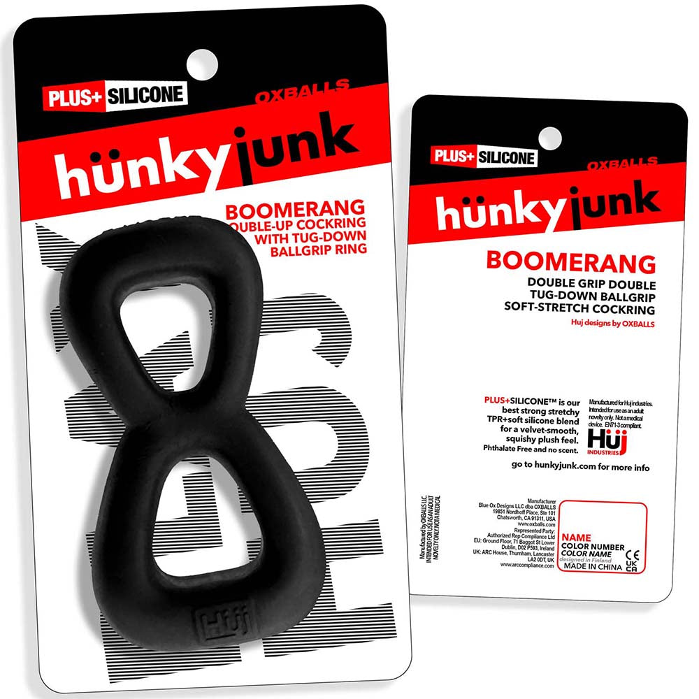 Hunkyjunk Boomerang Double-Ring Cockring & Nut-Tugger Black Fog