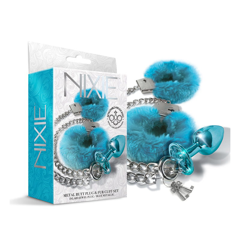 Nixie Metal Butt Plug & Furry Handcuff Set Medium†Blue Metallic
