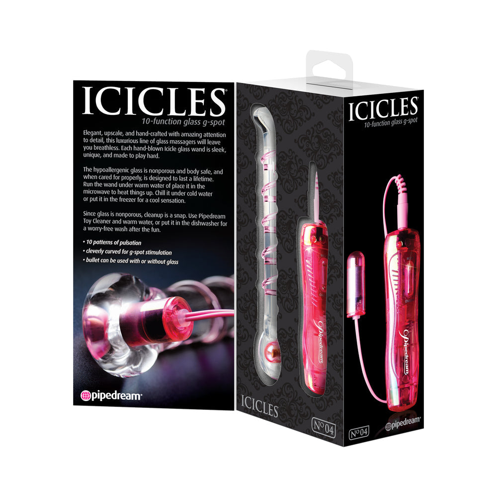 Pipedream Icicles No. 4 Remote-Controlled Vibrating Ribbed 7 in. Glass G-Spot Dildo Pink/Clear