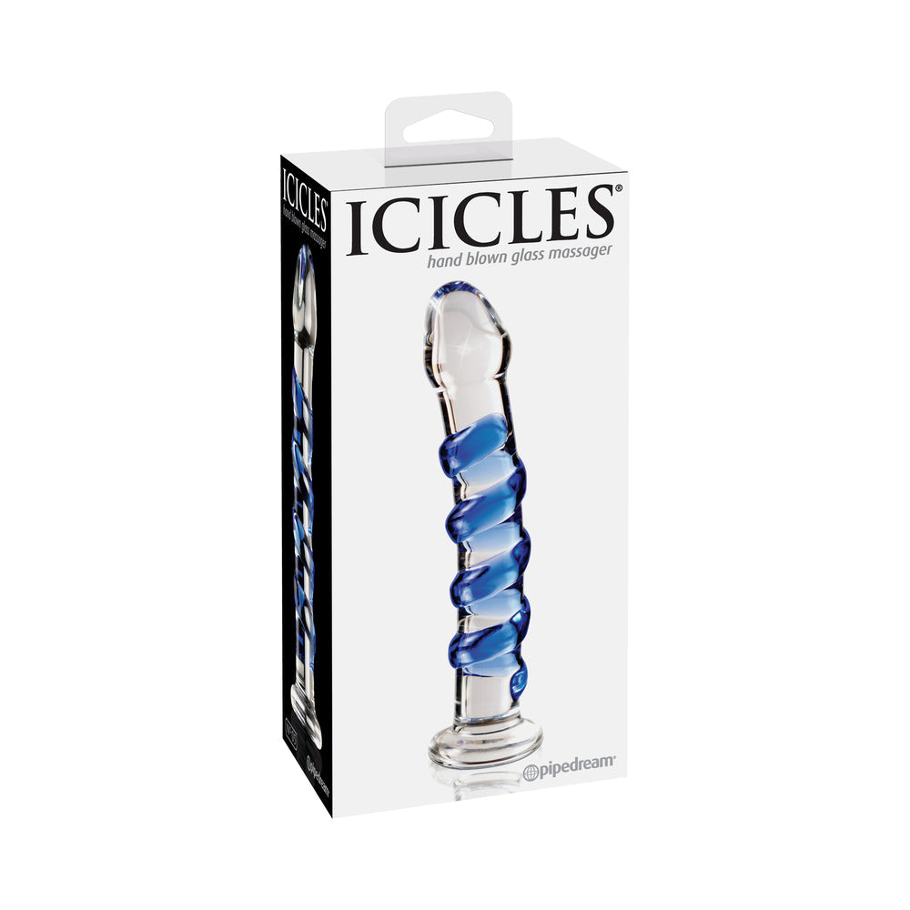 Pipedream Icicles No. 5 Curved Ribbed 7 in. Glass Dildo Blue/Clear