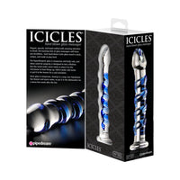 Pipedream Icicles No. 5 Curved Ribbed 7 in. Glass Dildo Blue/Clear