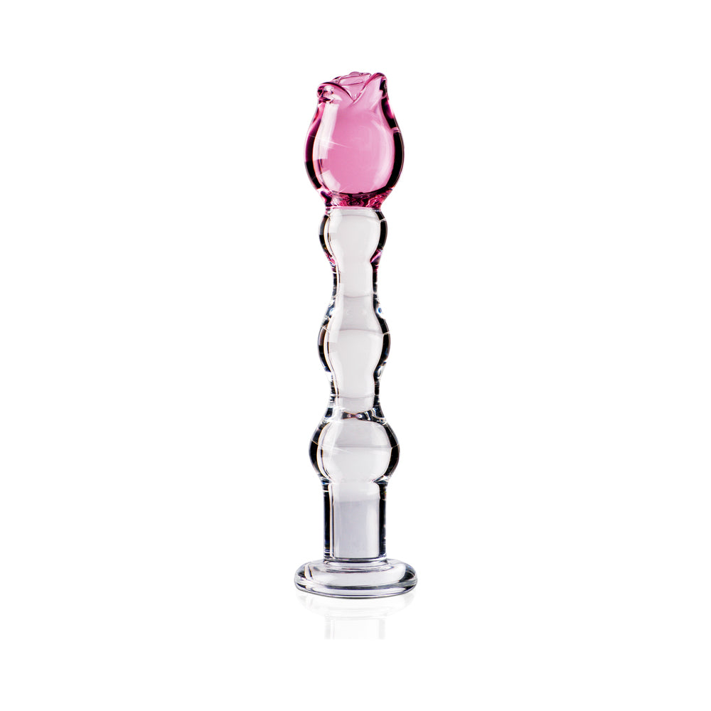 Pipedream Icicles No. 12 Beaded 7.75 in. Glass Dildo With Rose Head Pink/Clear