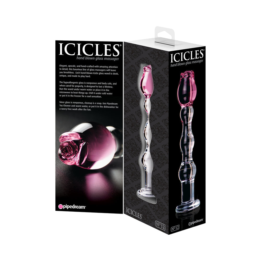 Pipedream Icicles No. 12 Beaded 7.75 in. Glass Dildo With Rose Head Pink/Clear