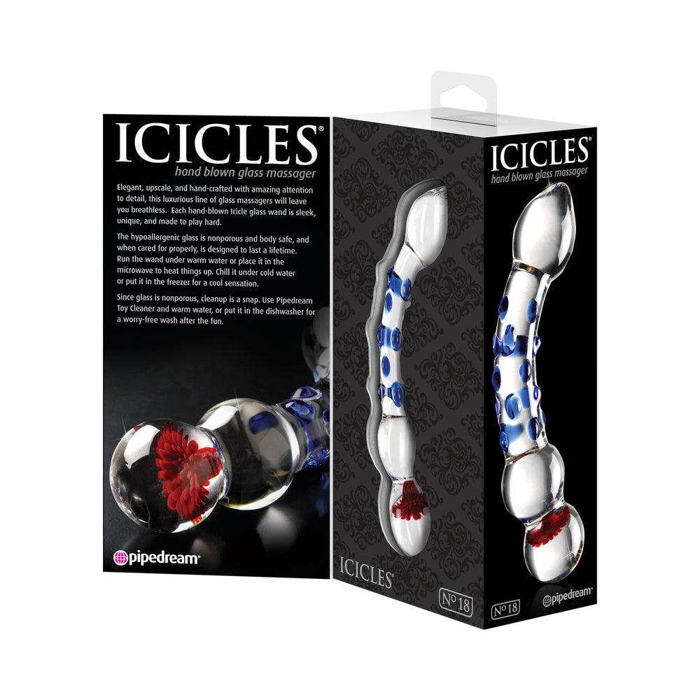 Pipedream Icicles No. 18 Curved Textured 7.5 in. Glass Dildo Blue/Red/Clear