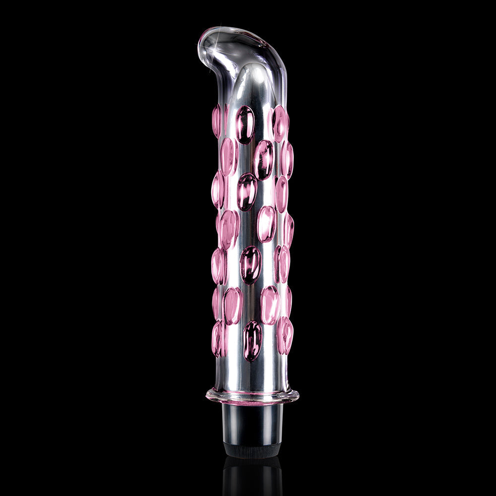 Pipedream Icicles No. 19 Curved Textured Vibrating 7.5 in. Glass Dildo Pink/Clear