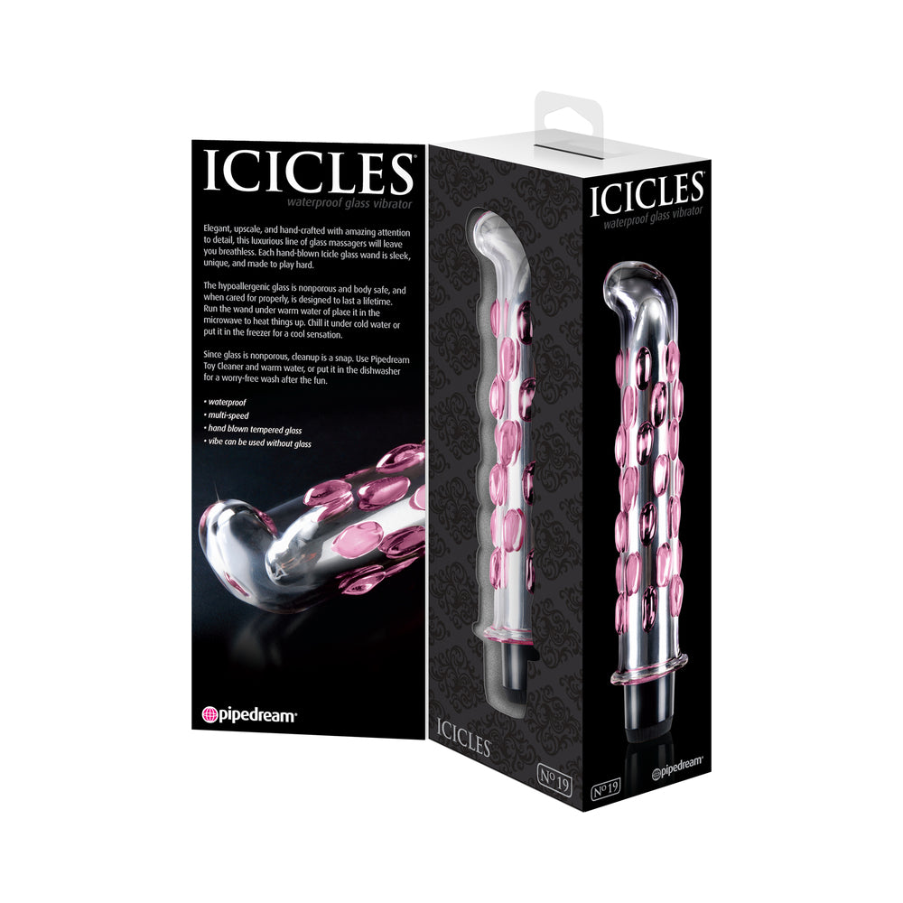 Pipedream Icicles No. 19 Curved Textured Vibrating 7.5 in. Glass Dildo Pink/Clear