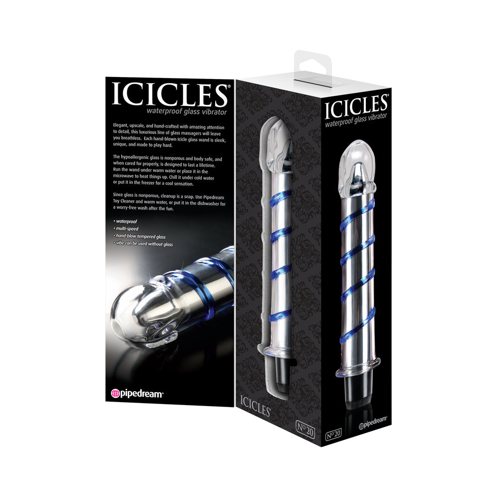 Pipedream Icicles No. 20 Ribbed Vibrating 7.5 in. Glass Dildo Blue/Clear