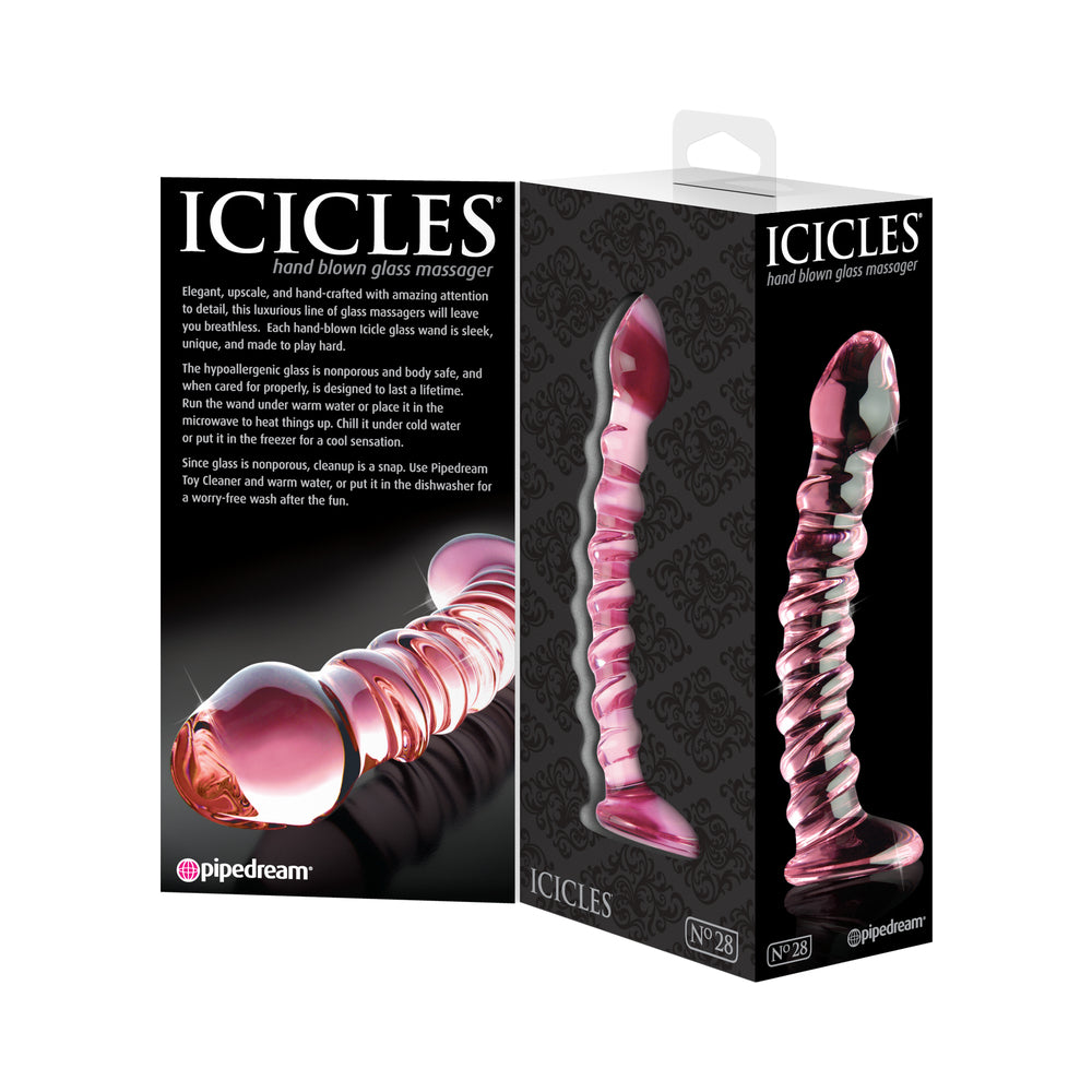 Pipedream Icicles No. 28 Curved Ribbed 7.25 in. Glass Dildo Pink