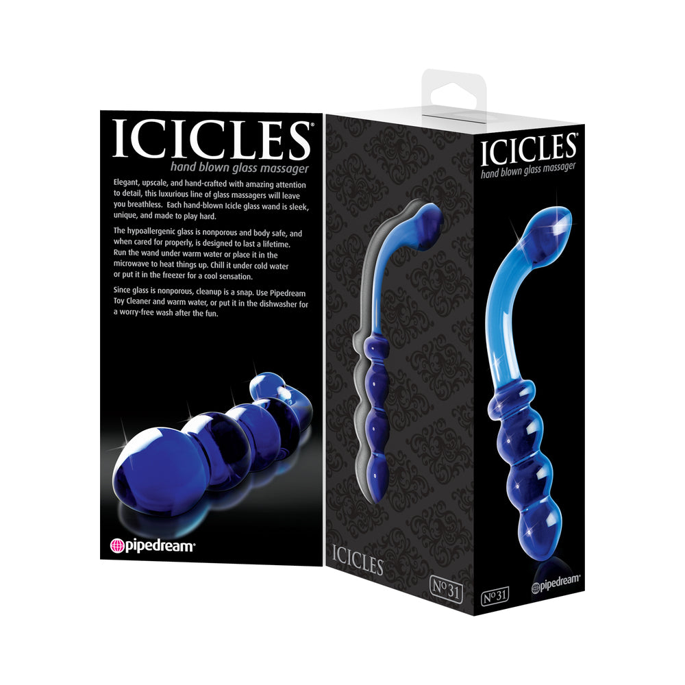 Pipedream Icicles No. 31 Curved Beaded 7.25 in. Dual-Ended Glass Dildo Blue