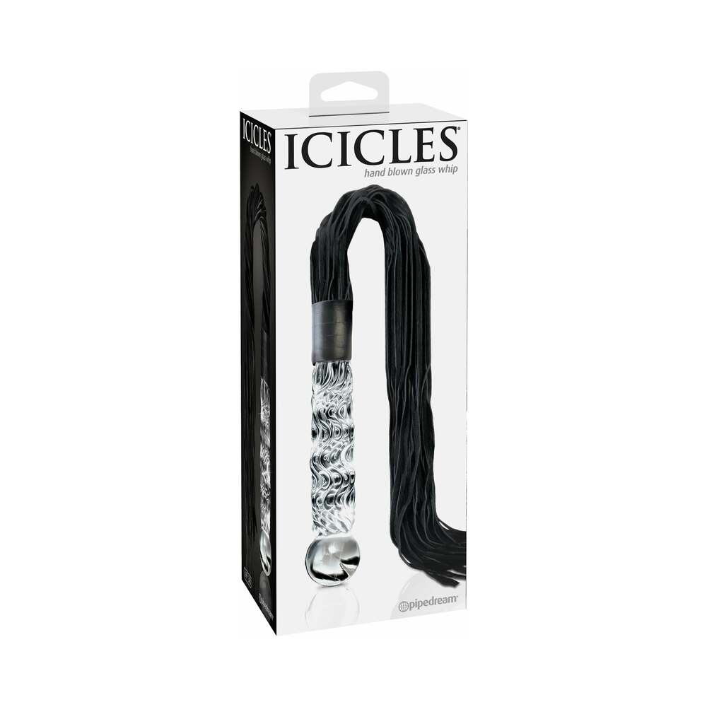 Pipedream Icicles No. 38 Leather Flogger With Textured 8.5 in. Glass Dildo Handle Clear/Black