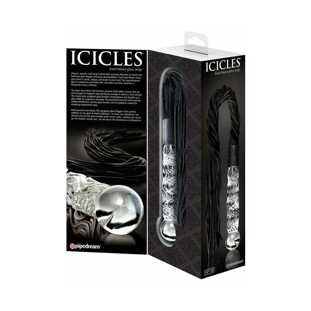 Pipedream Icicles No. 38 Leather Flogger With Textured 8.5 in. Glass Dildo Handle Clear/Black