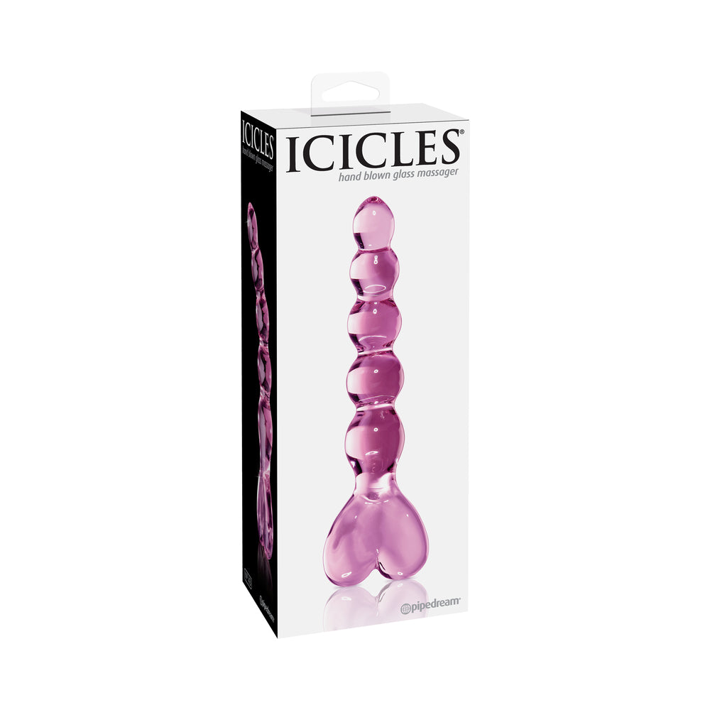 Pipedream Icicles No. 43 Curved Beaded 8 in. Glass Dildo With Heart-Shaped Handle Pink