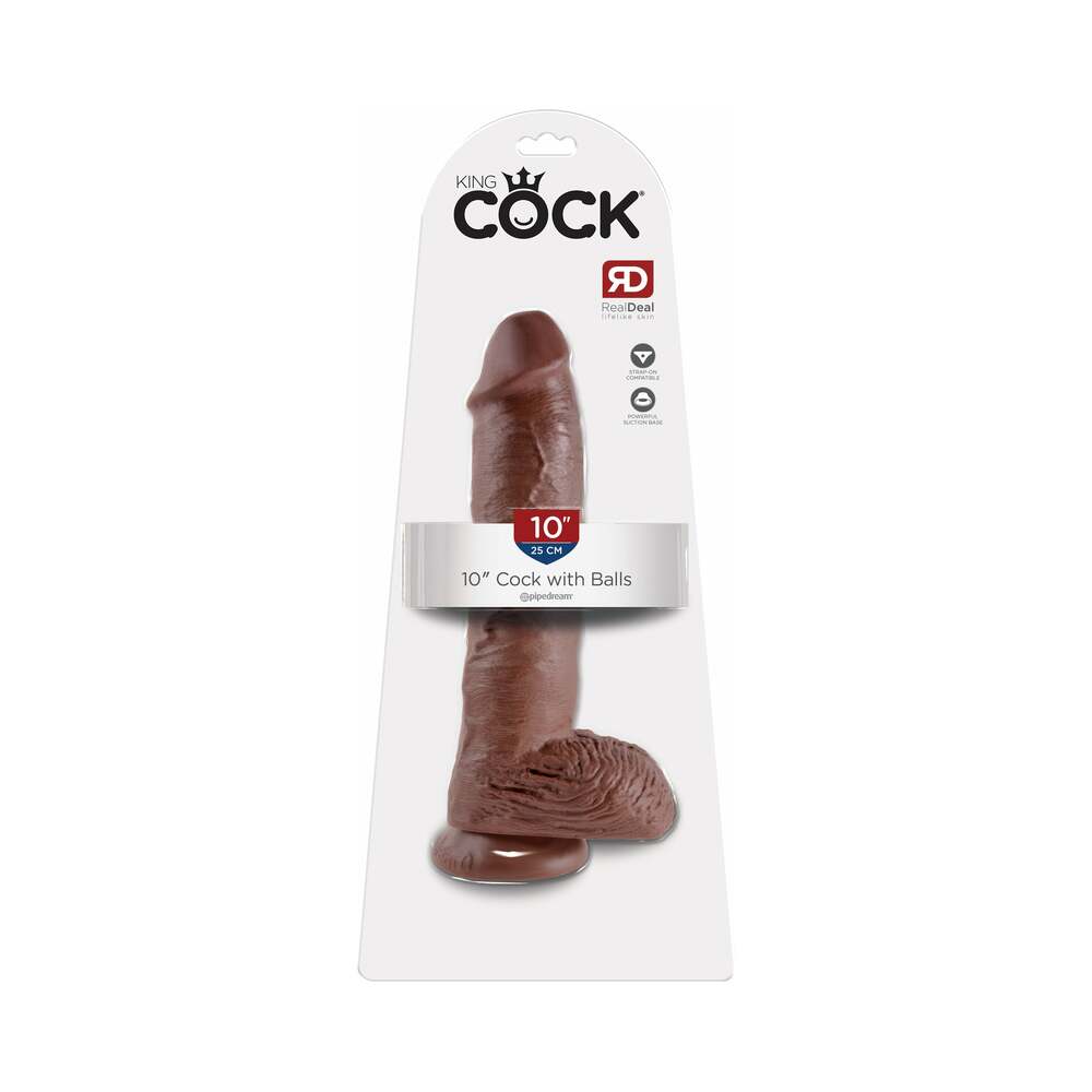 Pipedream King Cock 10 in. Cock With Balls Realistic Suction Cup Dildo Brown