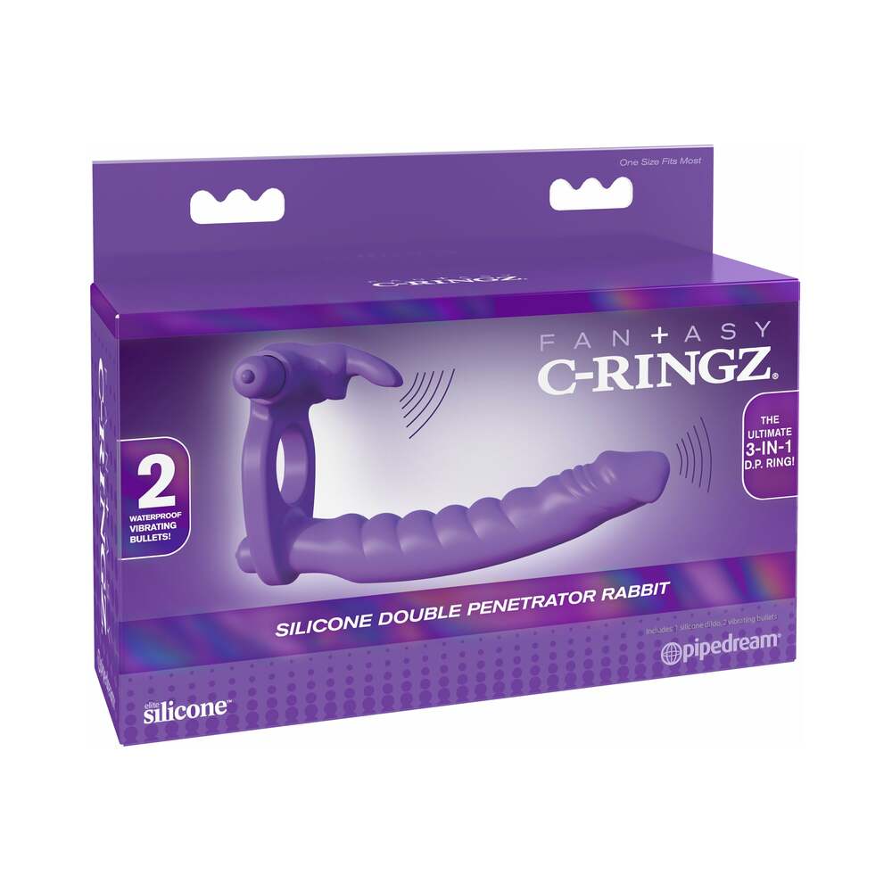 Pipedream Fantasy C-Ringz Silicone Double Penetrator Rabbit Vibrating Dual Entry Cockring With Ears Purple