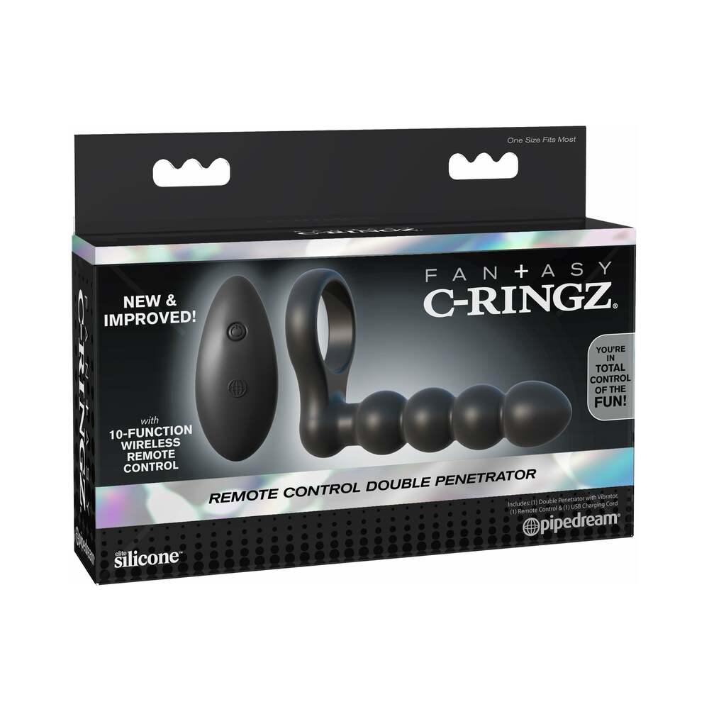 Pipedream Fantasy C-Ringz Remote Control Double Penetrator Vibrating Silicone Dual Entry Cockring Black