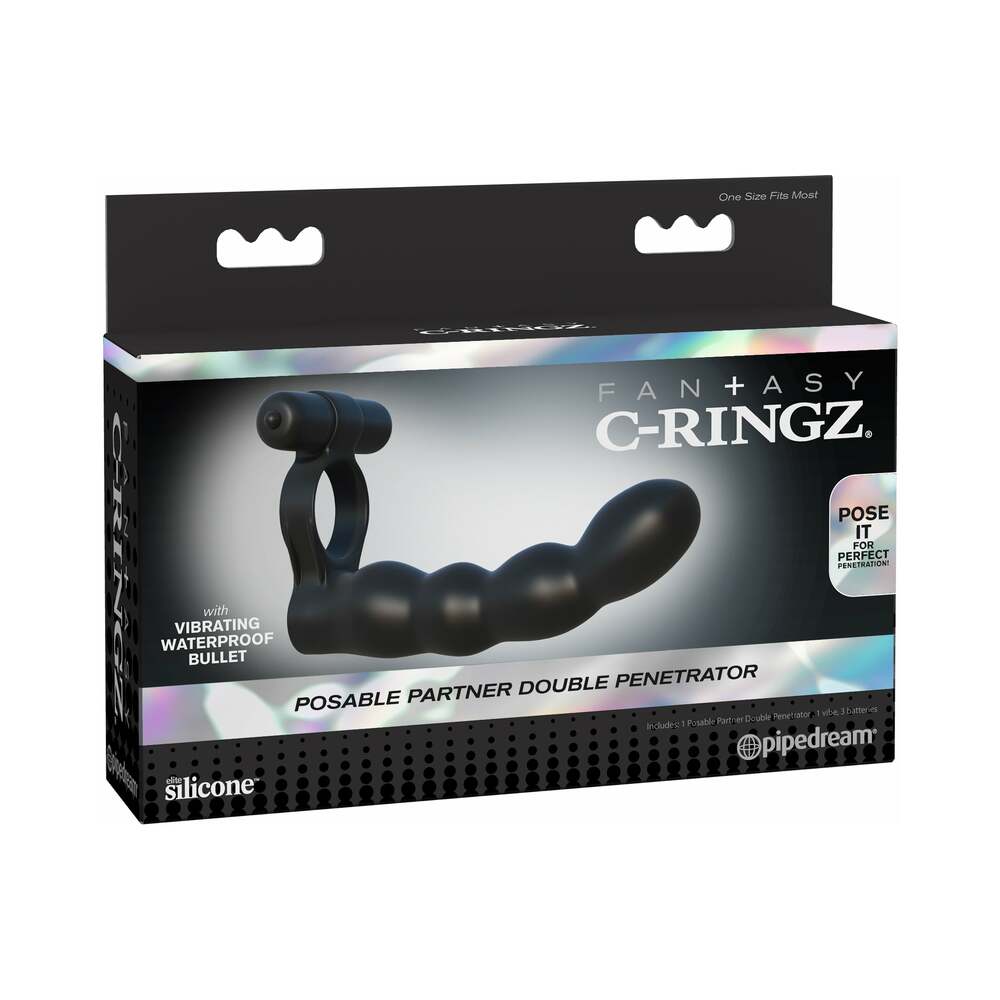 Pipedream Fantasy C-Ringz Posable Partner Double Penetrator Vibrating Silicone Dual Entry Cockring Black