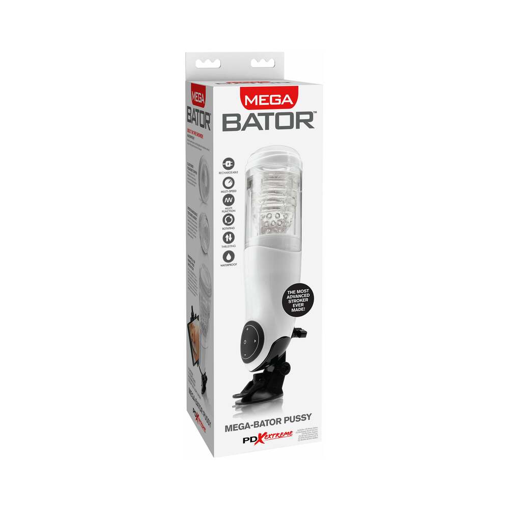 PDX Mega-Bator Pussy Rechargeable Rotating Thrusting Stroker With Hands-Free Suction Cup Clear/White