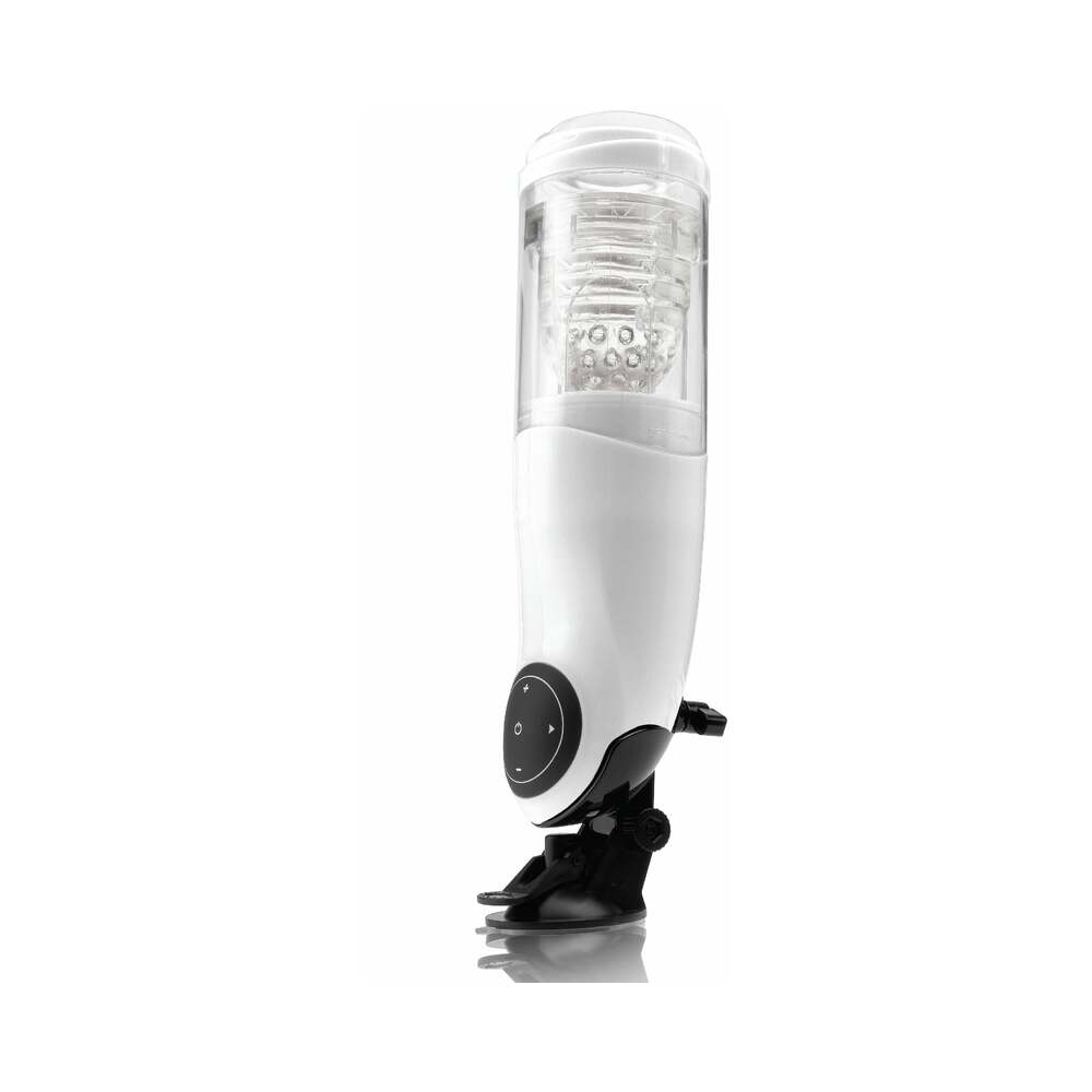 PDX Mega-Bator Pussy Rechargeable Rotating Thrusting Stroker With Hands-Free Suction Cup Clear/White