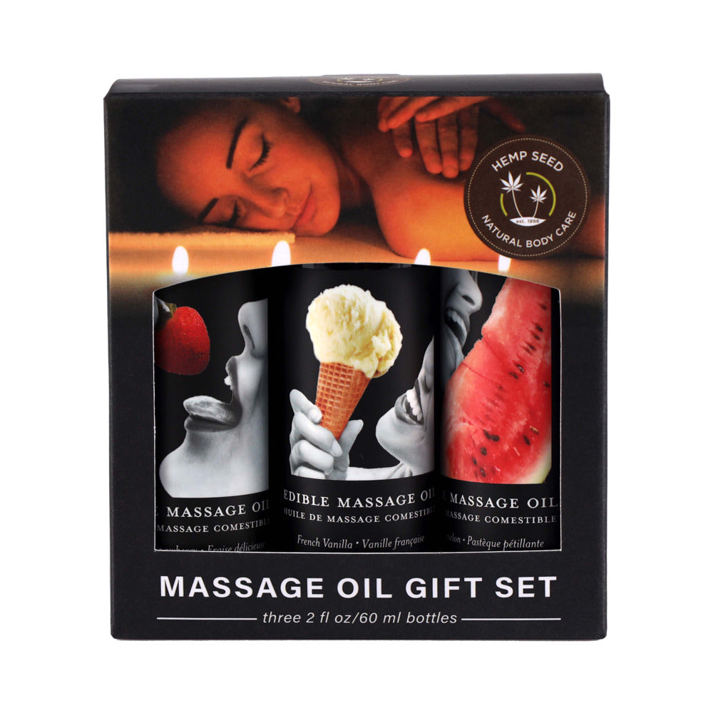Earthly Body Edible Gift Set with Vanilla, Strawberry and Watermelon 2 oz massage Oils 2 oz