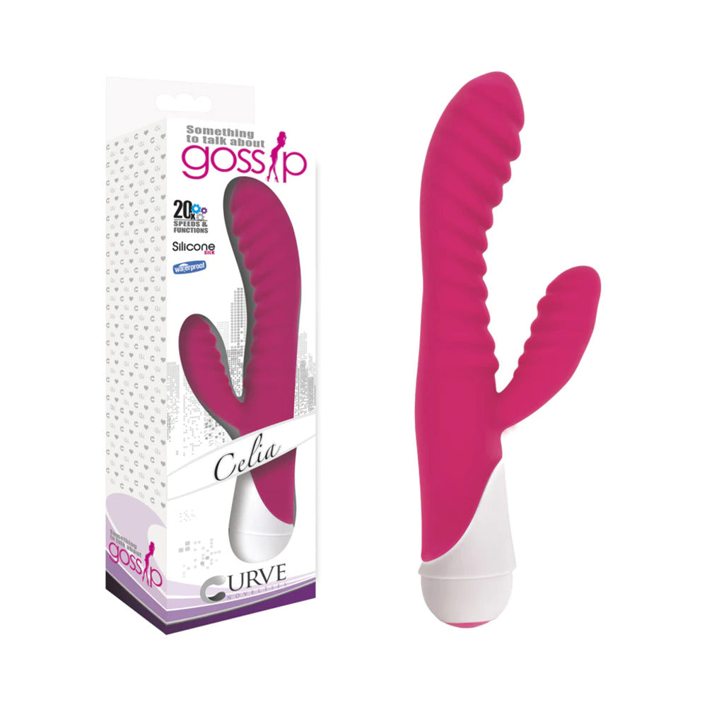 Curve Toys Gossip Celia Waterproof Ribbed Silicone Flexible Dual Stimulation Vibrator Magenta