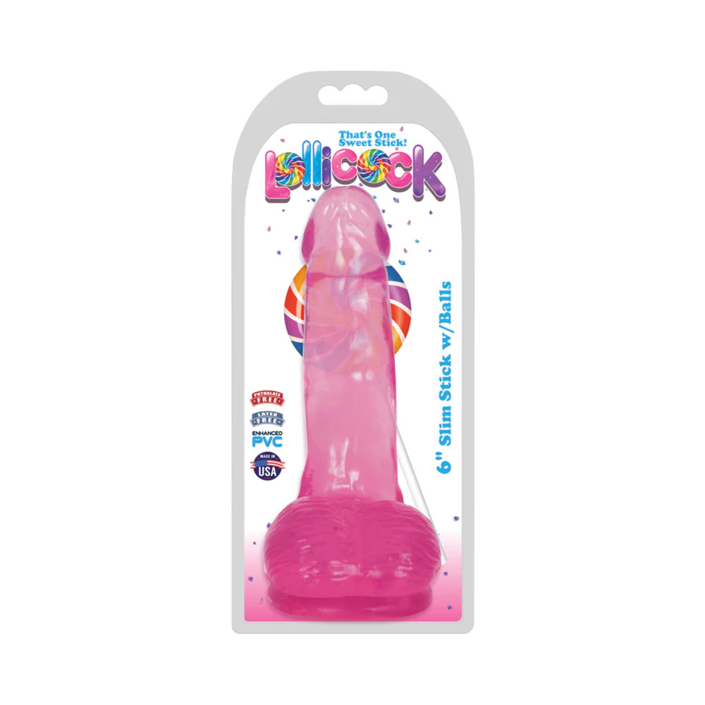 Curve Toys Lollicock Slim Stick 6 in. Dildo with Balls & Suction Cup Cherry Ice